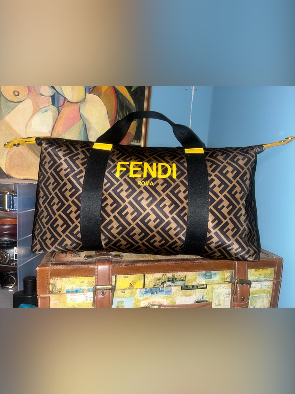 Fendi Brown Monogram Duffle with Yellow Logo and Black Straps